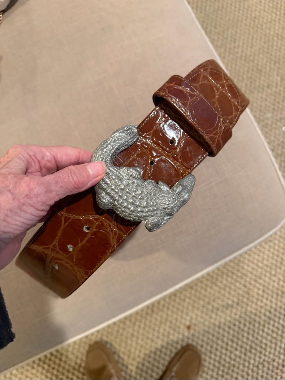 Ann Turk Croc-Embossed Leather Belt with Silver Animal Buckle